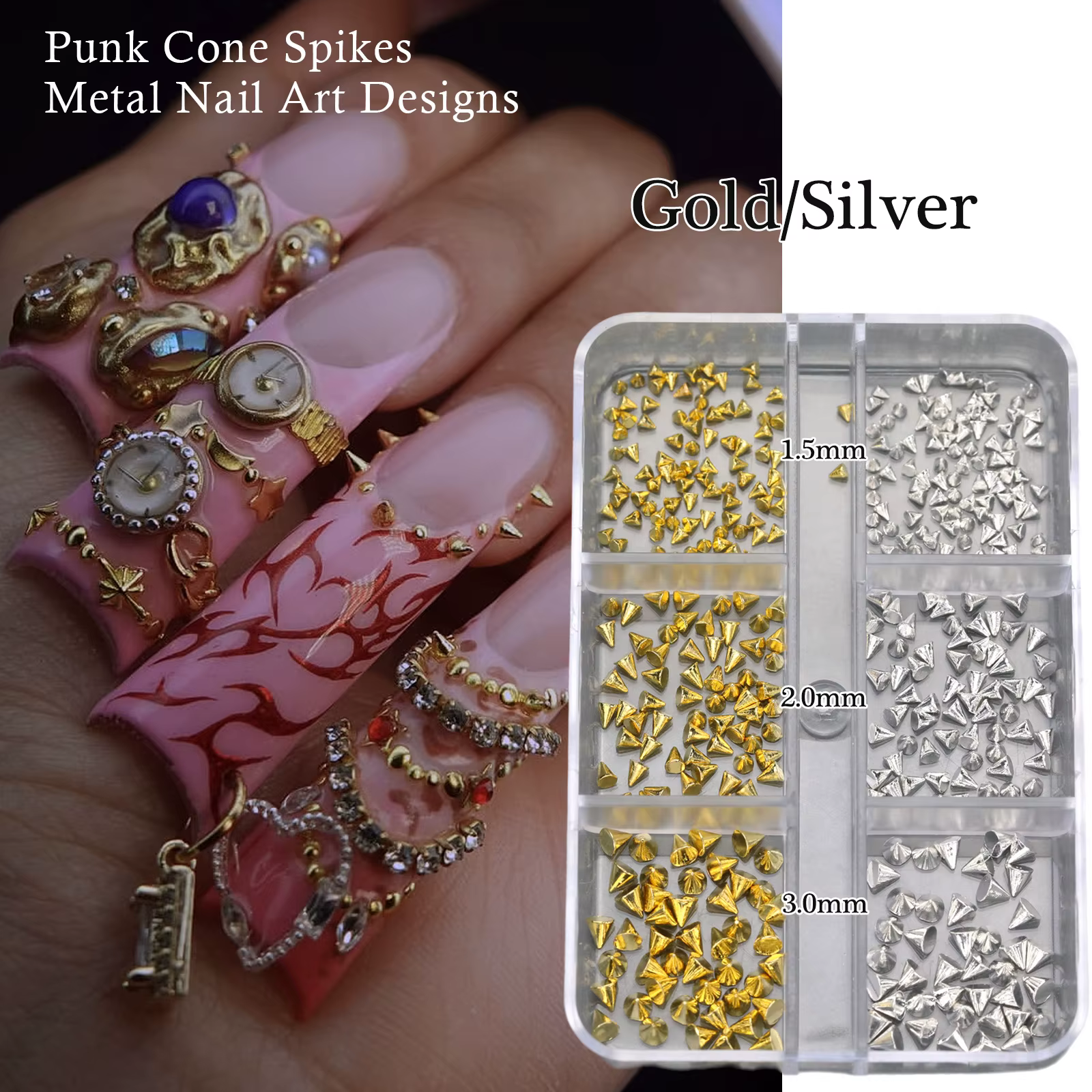 Rivets pour Nail Art de Style Punk noir et argent, pointes métalliques à fond plat, perles demi-rond