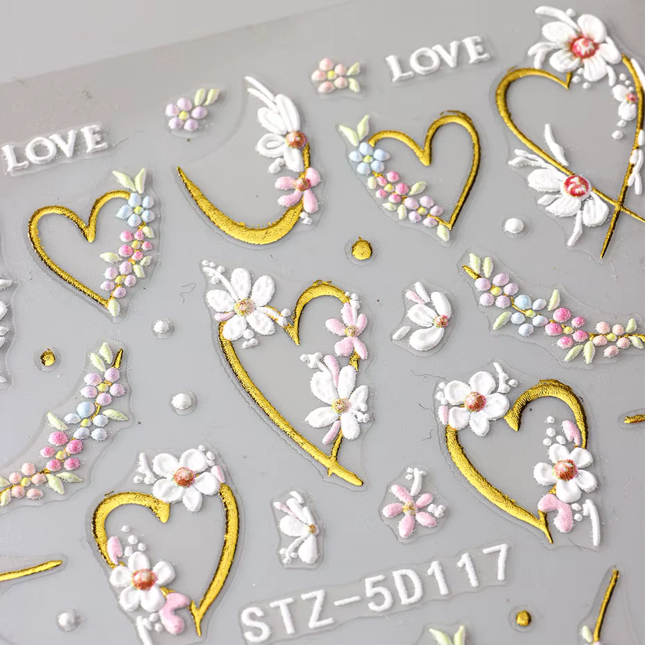 5D en relief Kawaii Floral or ligne curseurs printemps fleurs blanches ongles autocollants bricolage