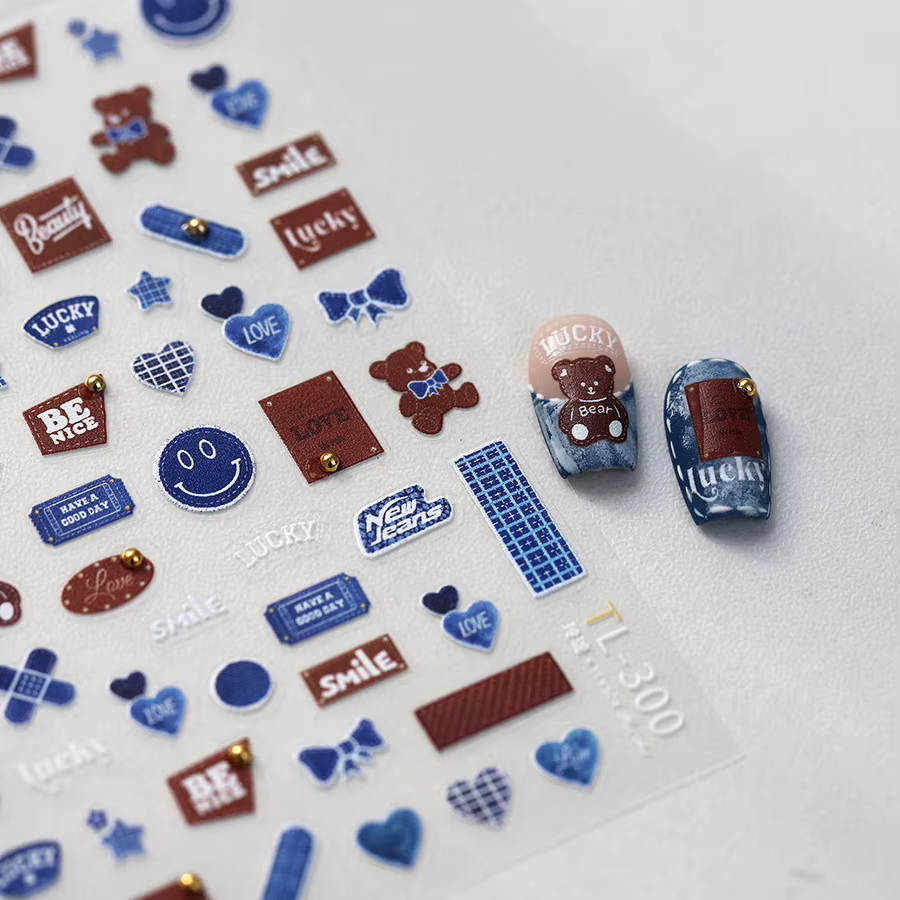Autocollant pour Nail Art 5D en tissu Denim rétro, ruban rouge, nœud papillon, pomme, cœurs d'amour,