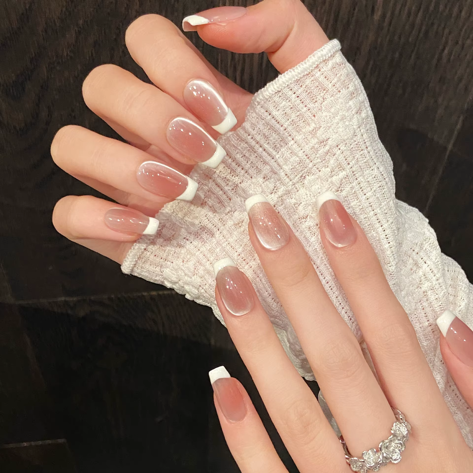 10 pièces à la main français oeil de chat presse sur les ongles Ins Simple nu rose doux fille faux o