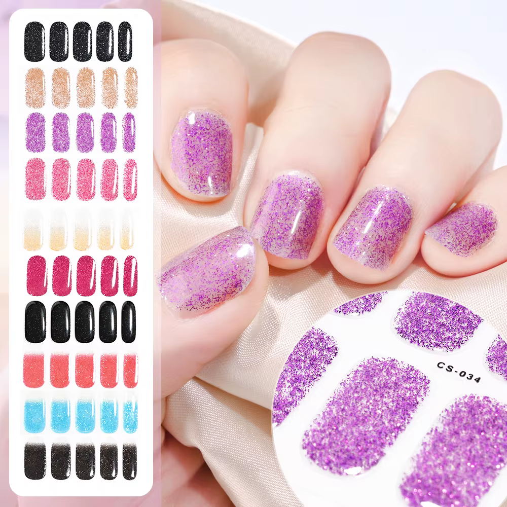 Autocollants pour ongles semi-durcis noirs français, 16 pointes, avec paillettes, Gel UV longue duré