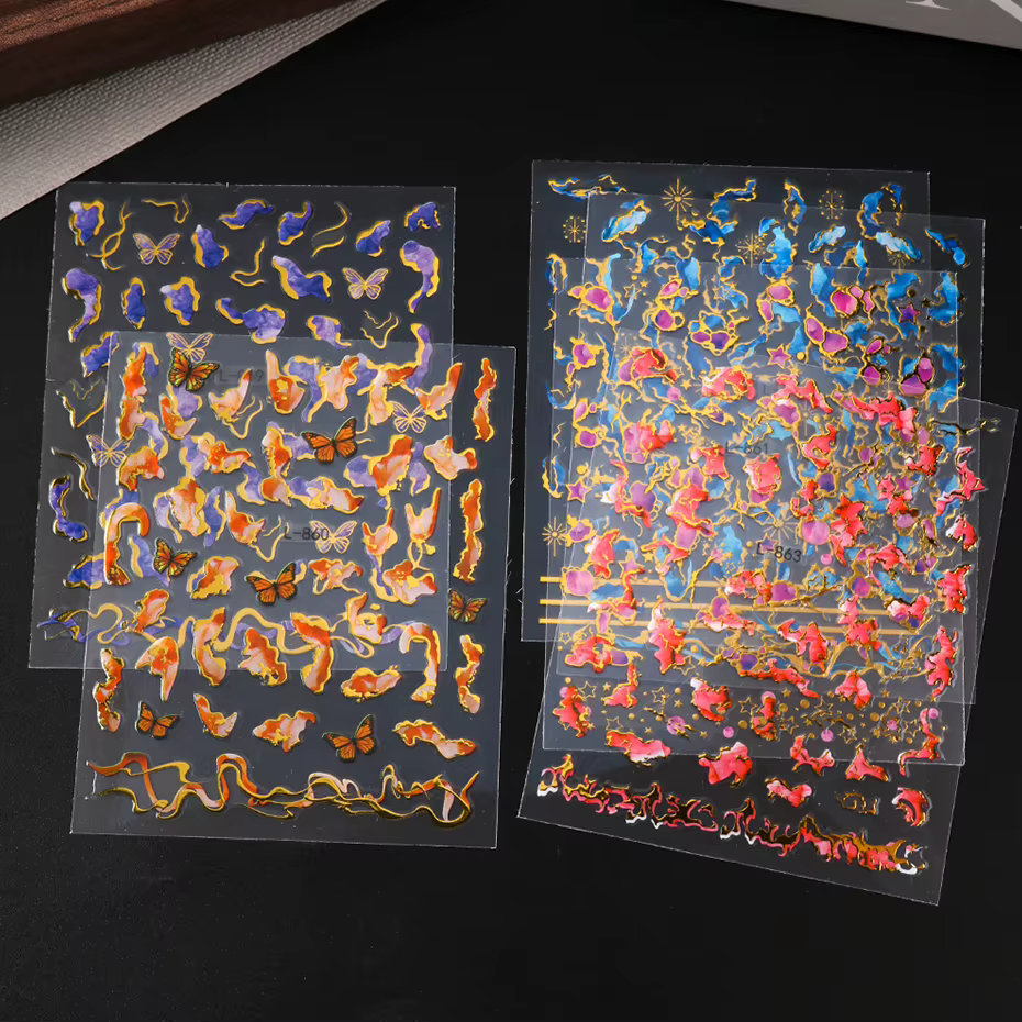 Autocollants pour ongles imprimés en marbre 3D, 6 pièces, breloques multicolores à effet de marbre d