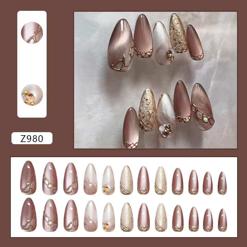 Faux ongles œil de chat marron à pression pour filles, décorations métalliques 3D pour ongles, point
