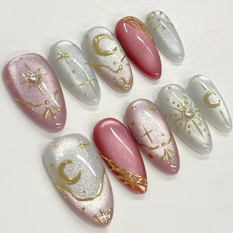 24 pièces marron dégradé faux ongles conseils portable oeil de chat amande presse sur ongles avec pa