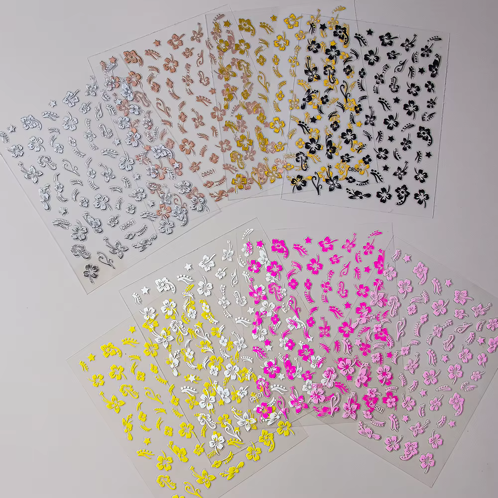 Autocollant 3D fleurs d'hibiscus pour ongles, 1 pièce, pétales de fleurs blancs et noirs, décalcoman