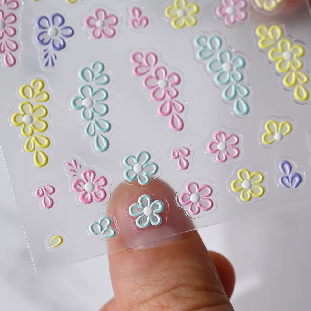 Autocollants 5D pour ongles, motifs floraux roses et bleus, pétales, feuilles, plantes en relief, dé