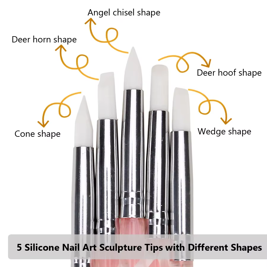 5 pièces 2 voies Nail Art acrylique Silicone pointe fleur stylo à ongles en acier inoxydable outils