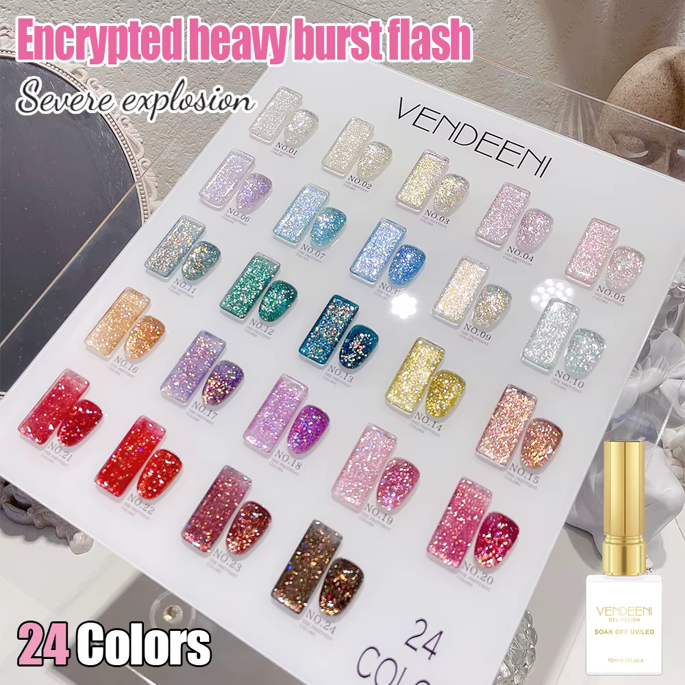 Vendeeni – Kit de 24 Couleurs de Vernis à Ongles Gel Pailleté Haute Densité Semi-Permanent Effet Fla