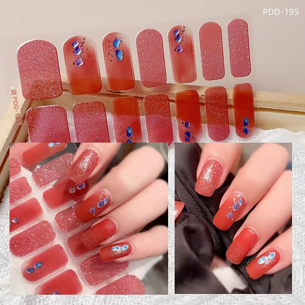 INS à la mode 14 bandes Gel ongles autocollants Semi-durci couverture complète Patch pour ongles Flo