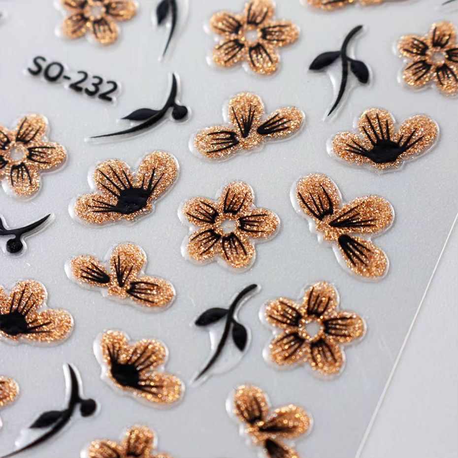 Autocollant 3D pour ongles, 2 pièces, noir, or, paillettes, fleur, pétales brillants, feuilles, Nail