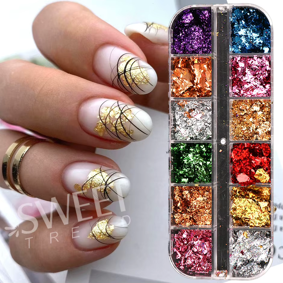 Feuilles d'or holographiques à 12 grilles, flocons d'ongles, feuille d'épissure, artisanat, Paillett