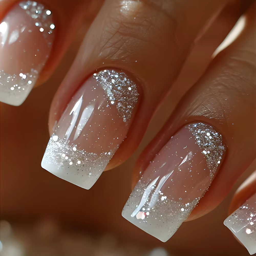 Faux ongles français simples avec colle, 24 pièces, motifs de paillettes dorées, courts et carrés, e