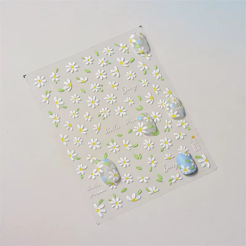 Autocollants pour ongles en relief doux 5D, 1 feuille, marguerites mignonnes, autocollants coulissan