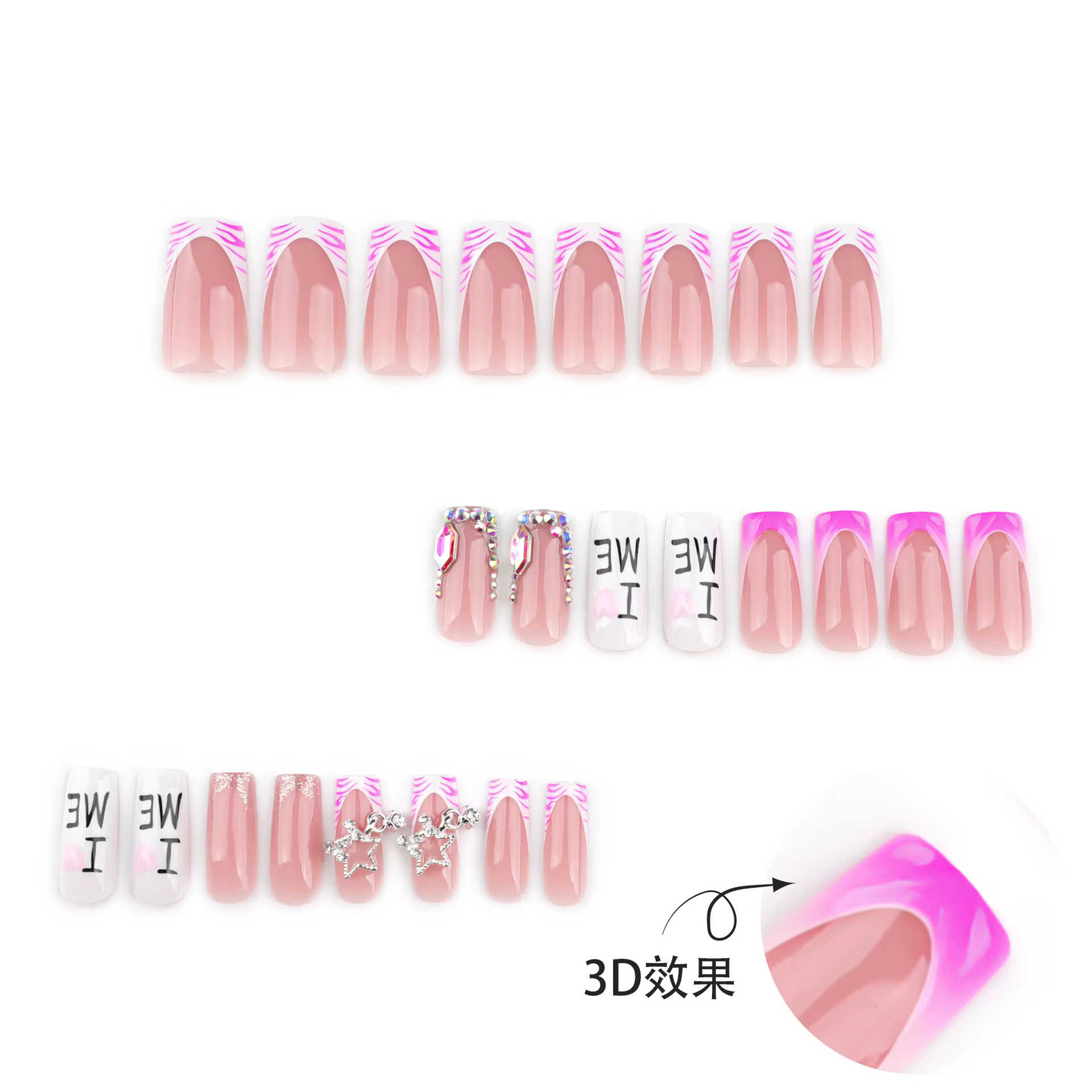 JoDecor-Faux ongles à imprimé zèbre rose, diamant flash, style français, presse sur N64.Star, Y2k, j