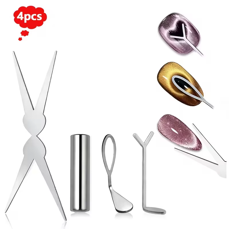 4 styles d'outils de nail art en métal pour ongles œil de chat en Y / style français mignon, ensembl