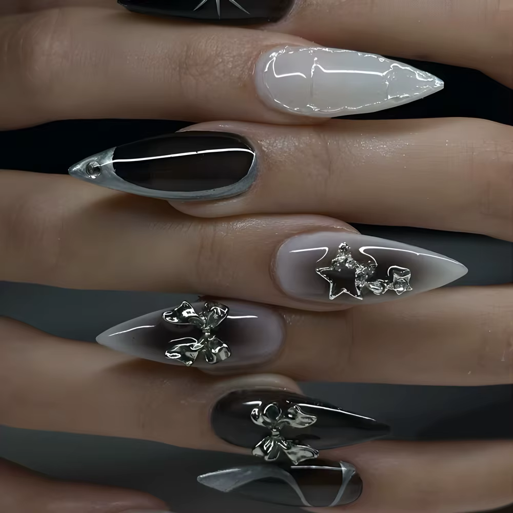 24 pièces faux ongles fille épicée arc argenté avec diamant faux ongles avec colle amande presse sur