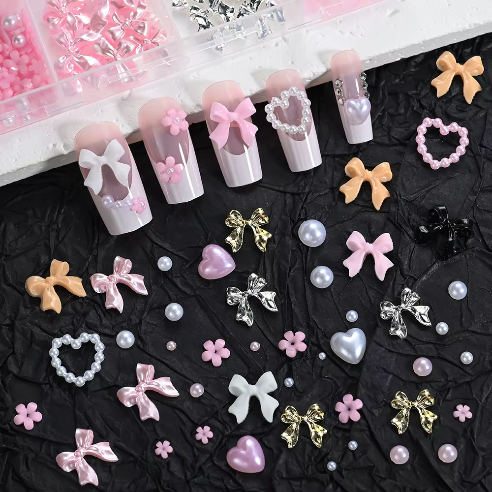 12 grilles 3D ruban multicolore fleur Nail Art breloques simulés pétales amour, nœud papillon en mét