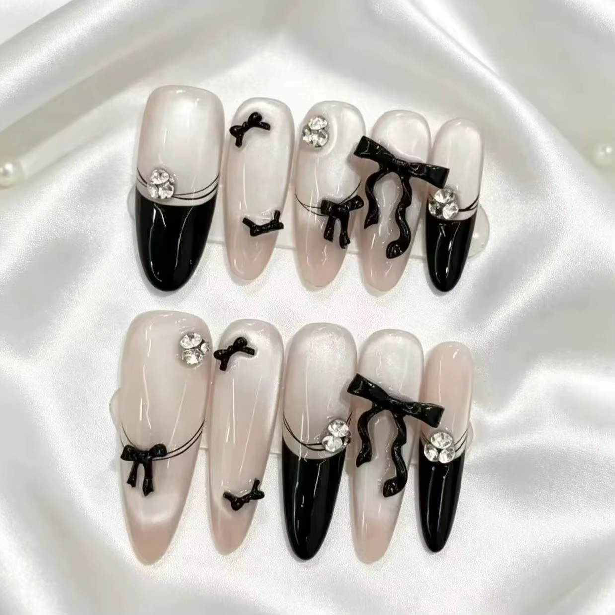 Faux ongles nude noirs style français avec nœud papillon, lot de 10 pièces, surface semi-transparent