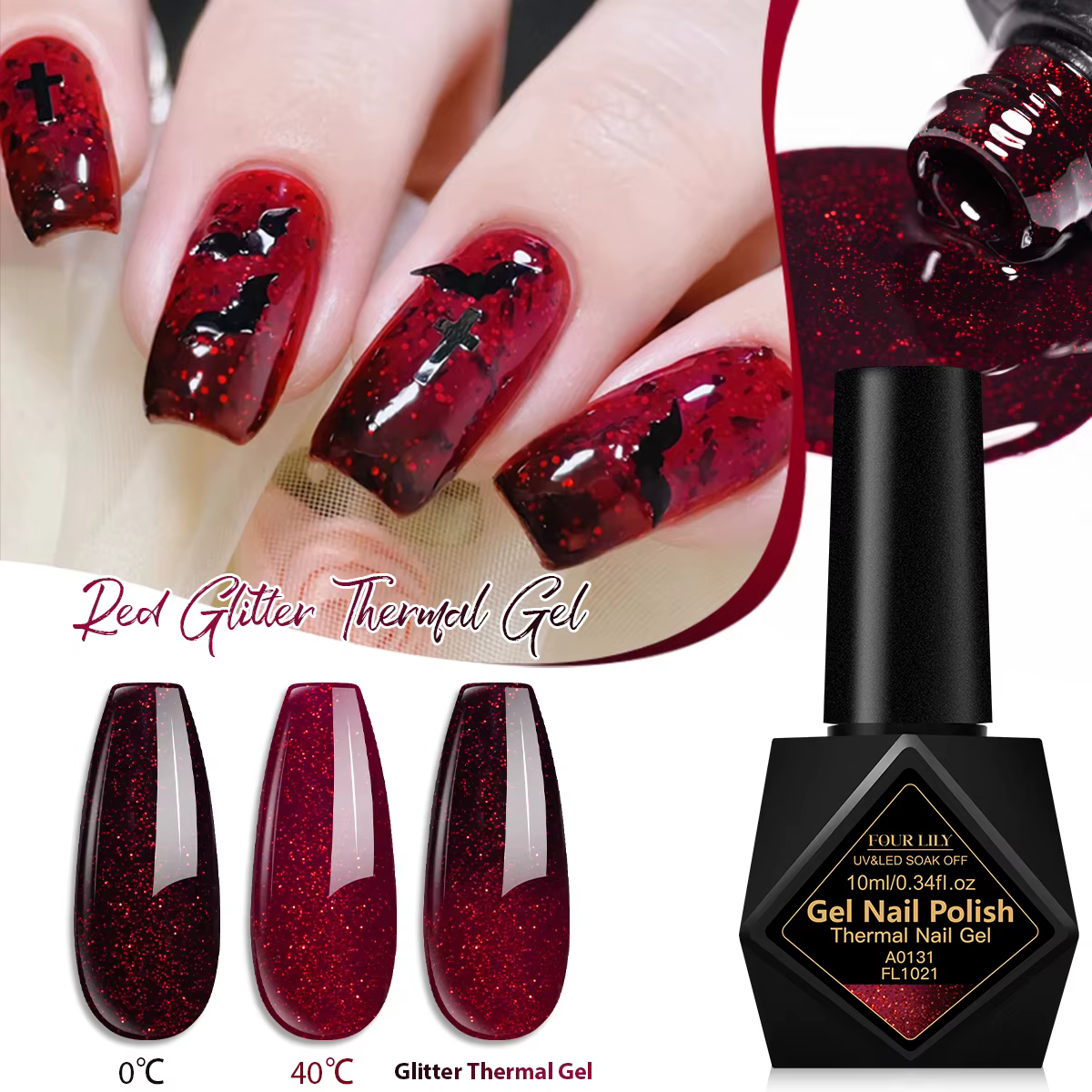 Vernis à ongles thermique à paillettes rouges, 2 couches, changeant de couleur selon la température,