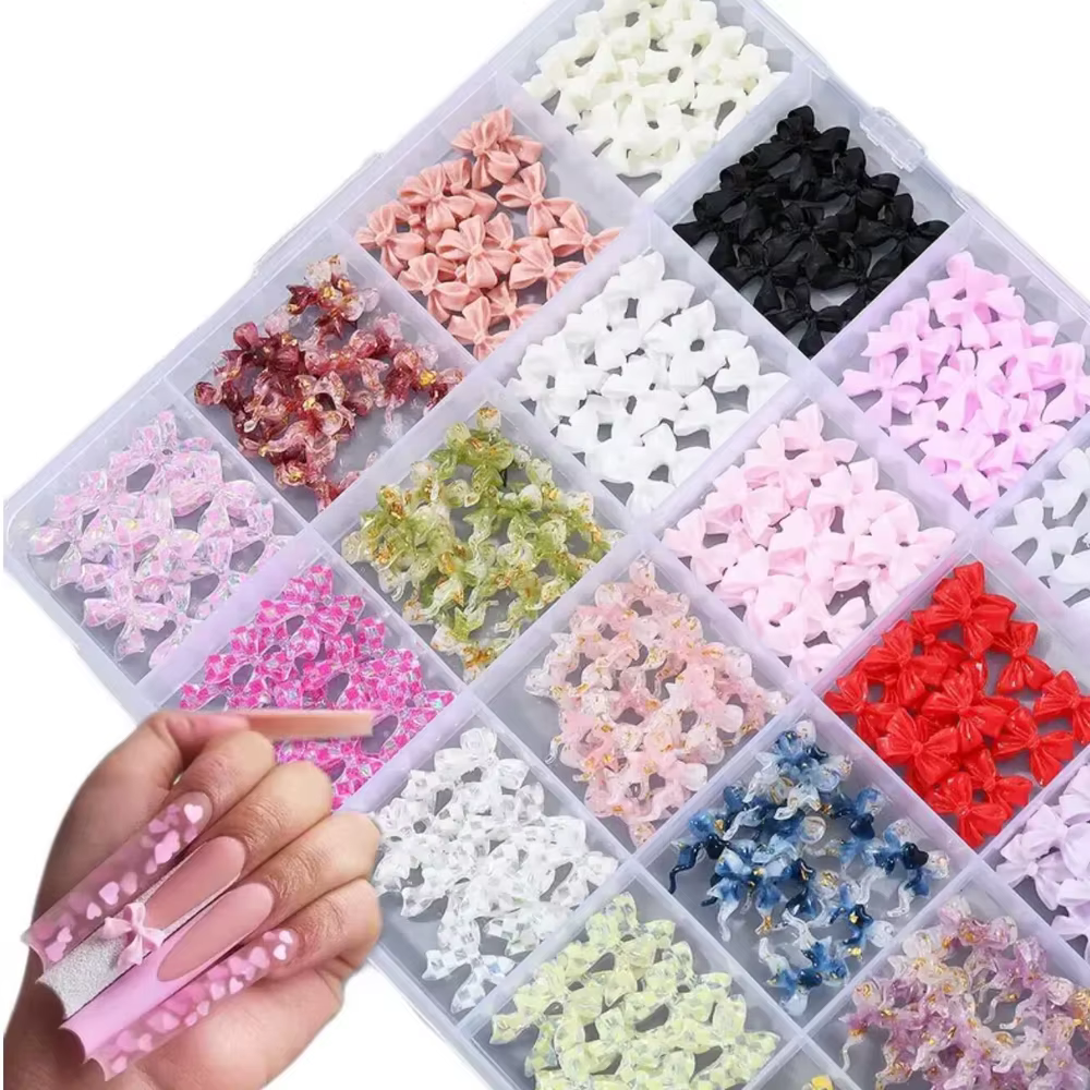 Breloques pour ongles avec nœud papillon/ruban 3D, 12/24 grilles, nœuds en résine Kawaii Y2K, strass
