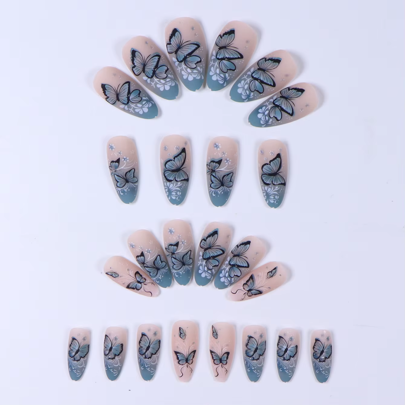 Faux ongles bleus en forme de ballet, motif papillon bleu, décoration à motif de fleurs bleues, déli