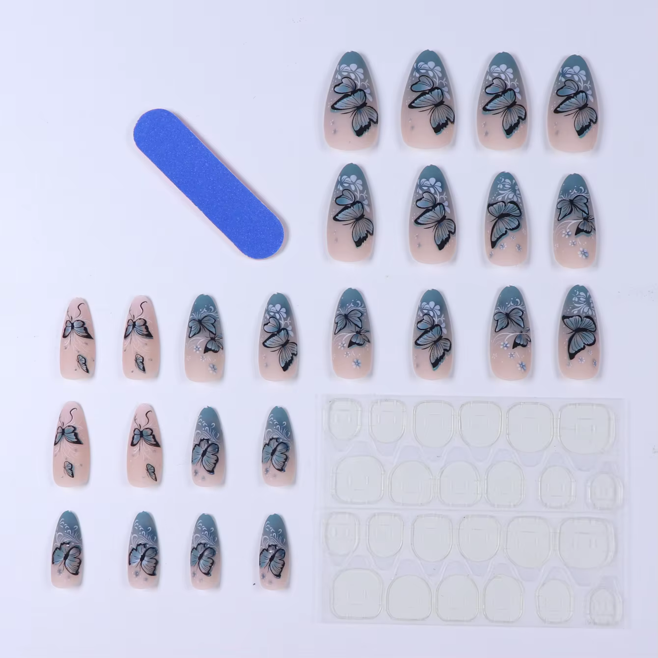 Faux ongles bleus en forme de ballet, motif papillon bleu, décoration à motif de fleurs bleues, déli