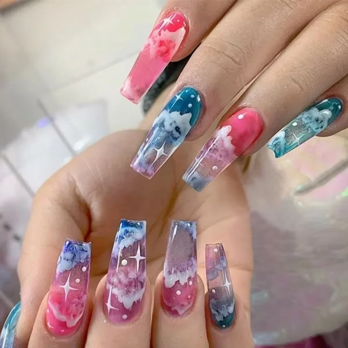 Faux ongles de Ballet en forme d'échelle, 24 pièces, avec bande de colle, Nail Art Floral ombré, pre