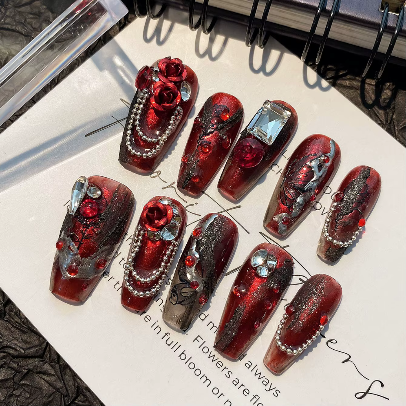 10 pièces de faux ongles en forme de cercueil pressés à la main, magnifiques ongles artificiels, ros