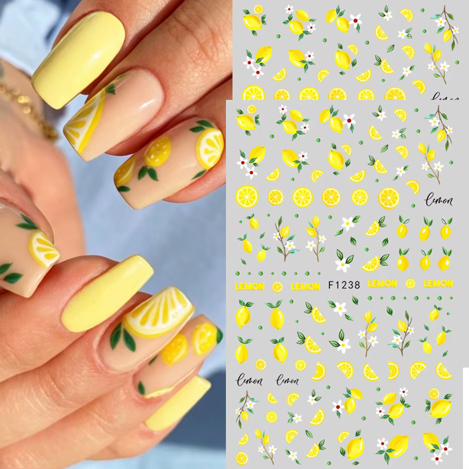 Autocollants pour ongles en forme de tranches de citron jaunes, 2 pièces, fruits d'été, feuilles de 