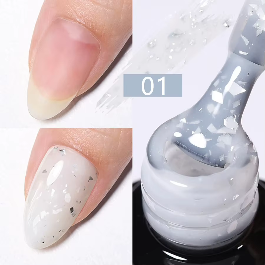 Gel de base en caoutchouc pailleté effet feuille d'or, vernis à ongles auto-nivelant, gel de constru