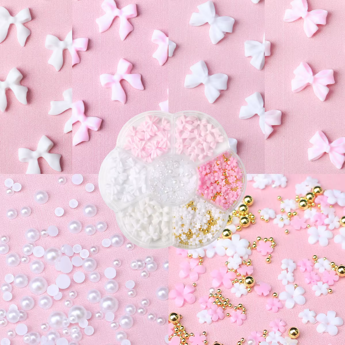 Kit de décorations pour ongles avec nœud floral 3D, 1 boîte, rose/blanc, acrylique Floral/perles de 