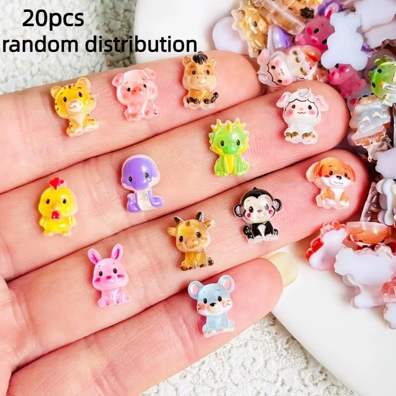 20 accessoires mignons pour ongles en forme de dessins animés, strass en résine pour nail art, autoc