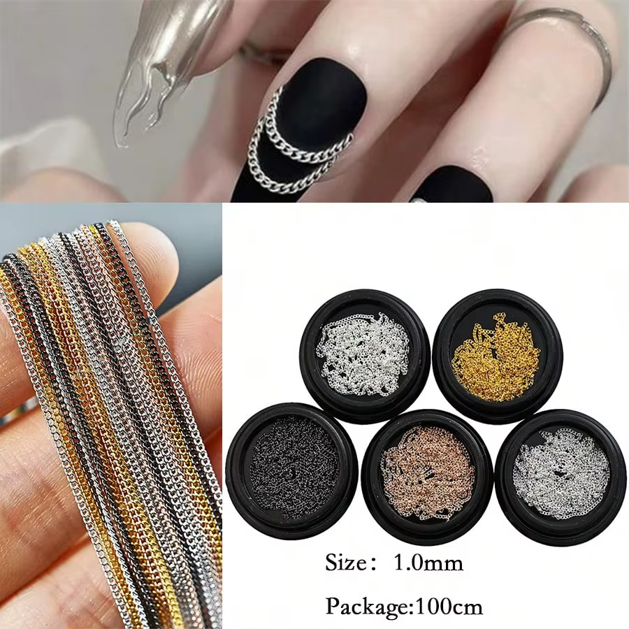 Chaîne plate en métal 1M 1mm, clous or argent, chaînes de décoration pour Nail Art, accessoire de bi