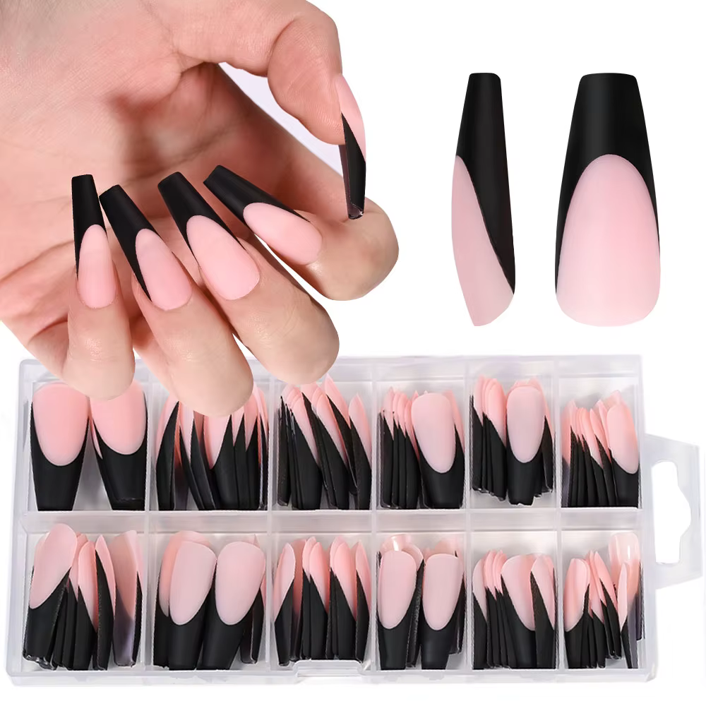 Faux-ongles en Gel français noir, 120 pièces, longs cercueil mats, à pression, 12 tailles, pré-durab