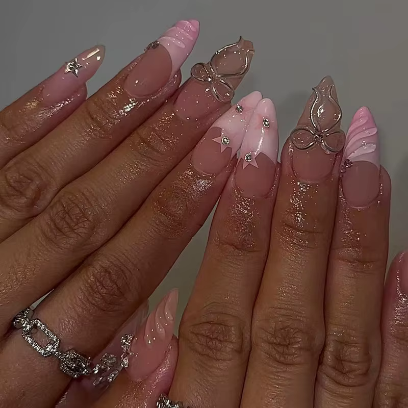 Faux ongles français imprimé léopard, 24 pièces, fleur 3D, Rose dorée, mi-longs, amande, couverture 