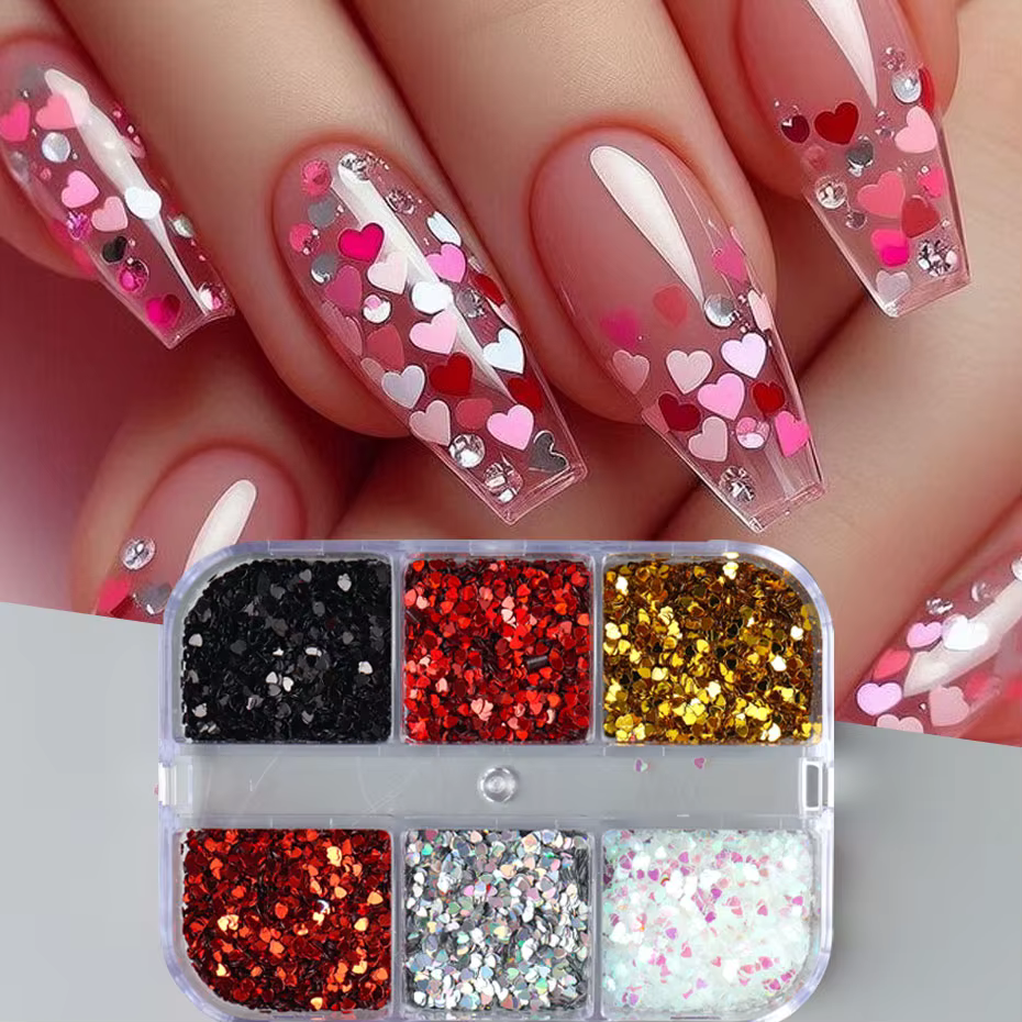 6 grilles Y2K mignon coeur paillettes ongles paillettes Kawaii Mini Laser doré argenté amour flocon 