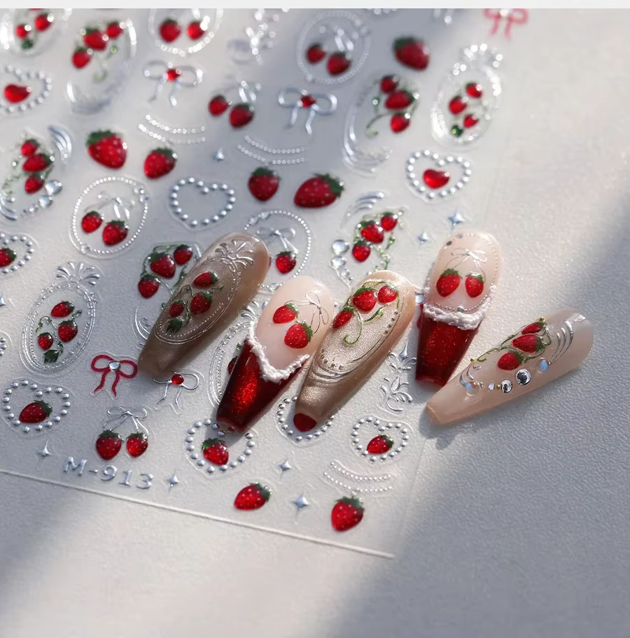 Autocollants de manucure auto-adhésifs 5D, joli fruit rouge, fraise, cerise, nœud papillon, amour, c