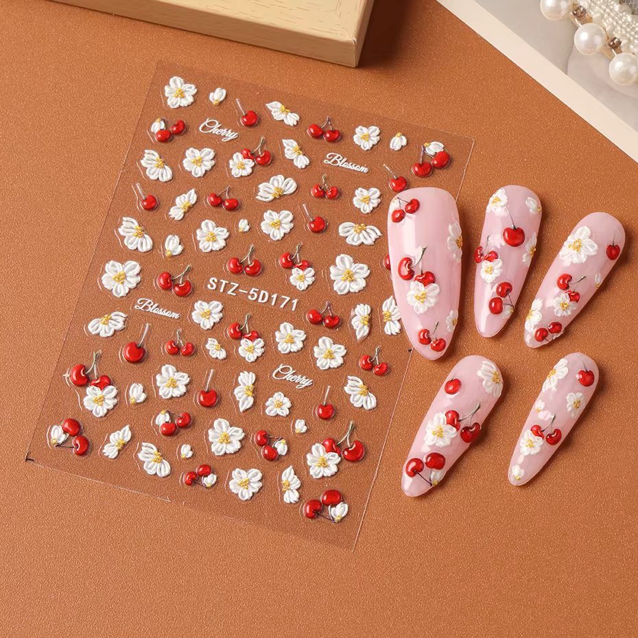 Autocollants pour ongles en relief 5D élégants à motif de cerises, fleurs blanches de printemps, aut