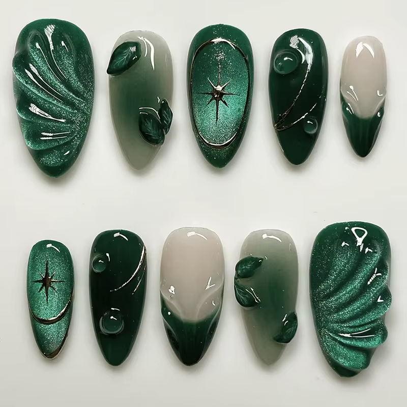 24 pièces 3D vert ondulation Design faux ongles oeil de chat français amande faux ongles conseils fe