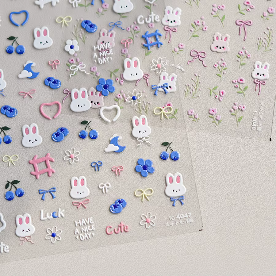 Autocollants pour ongles lapin 5D Kawaii, 1 pièce, dessin animé en relief, fleur rose bleue, adhésif