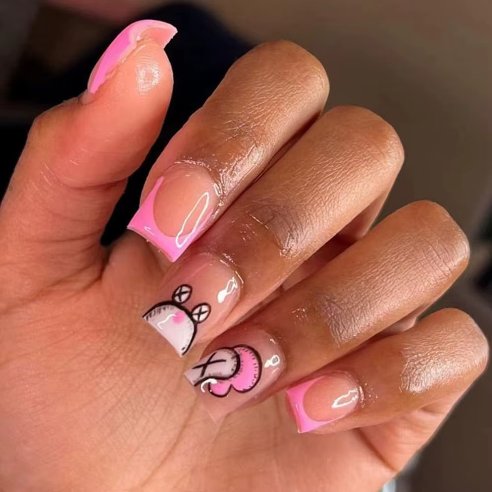 Faux ongles français dessin animé, 24 pièces, carré court, rose, escargot, couverture complète, poig