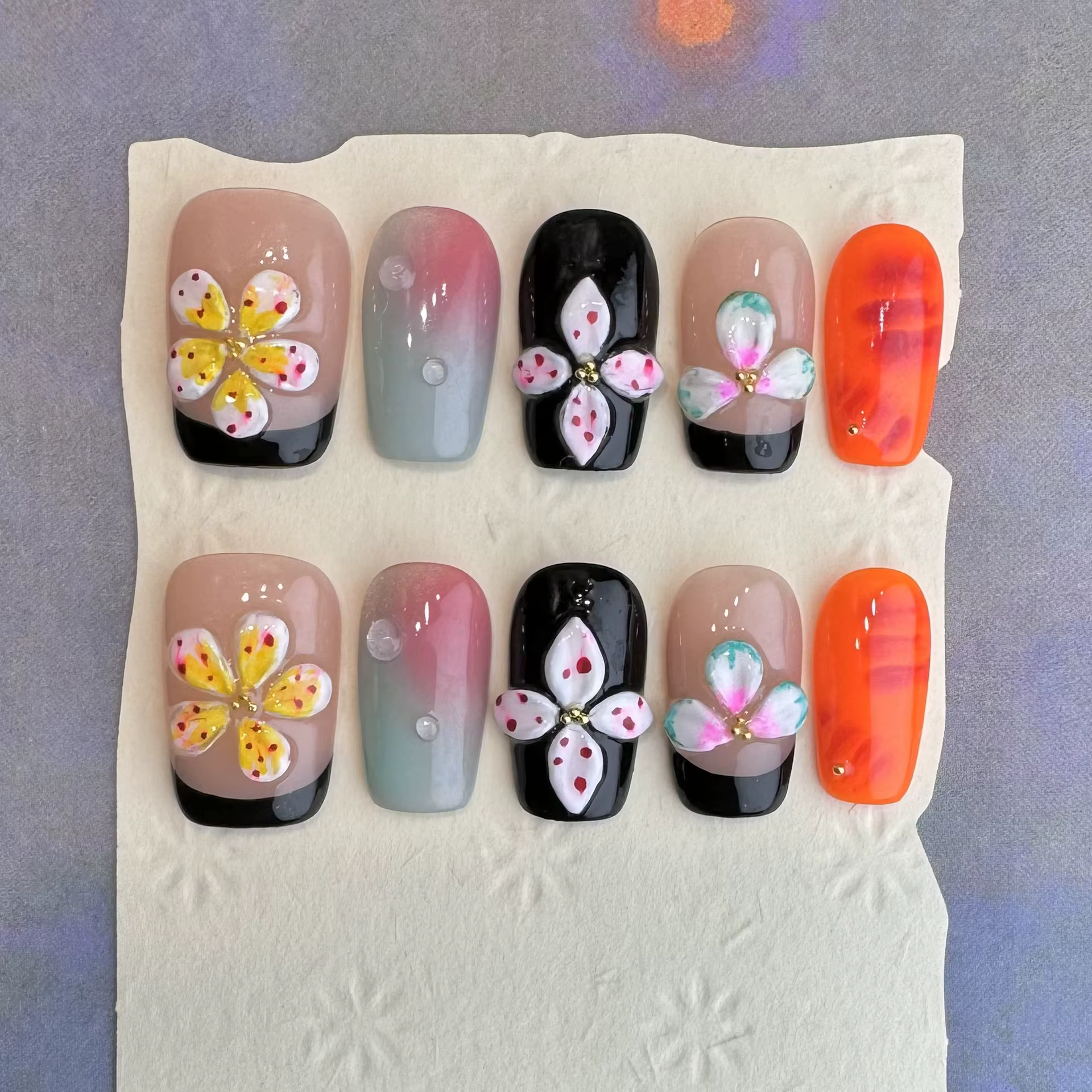 10 pièces 3D fleur verte à la main presse sur ongles français faux ongles portable ongles à coller f