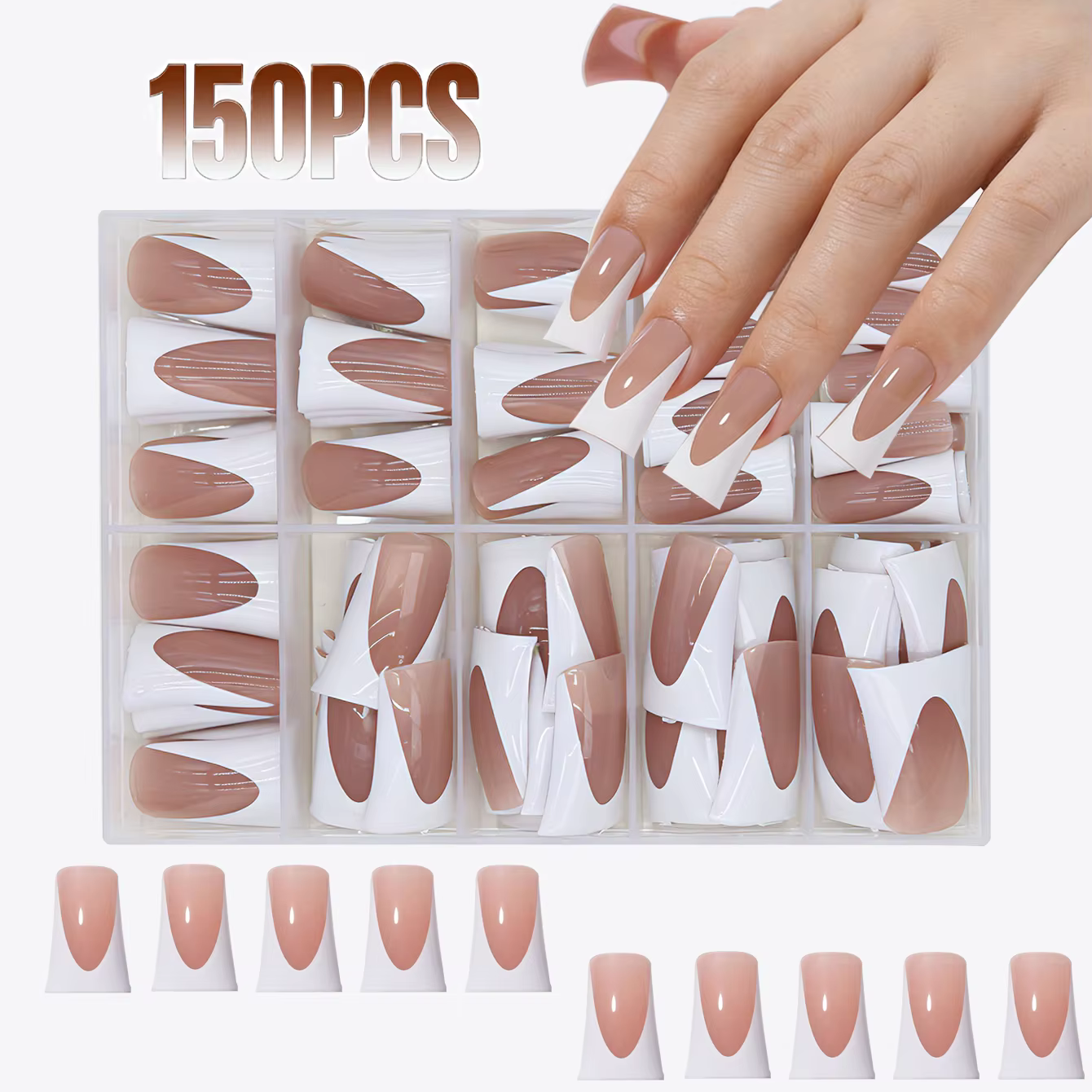 144 pièces de faux ongles, avec design français (rose nude - blanc), forme pied de canard