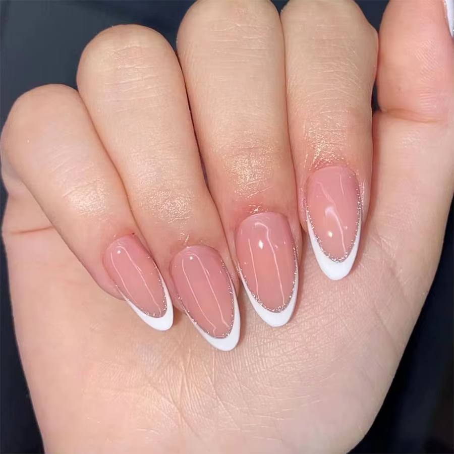 Faux ongles en forme d'amande à paillettes simples, avec colle, Design d'ongles ballerine, doux et f