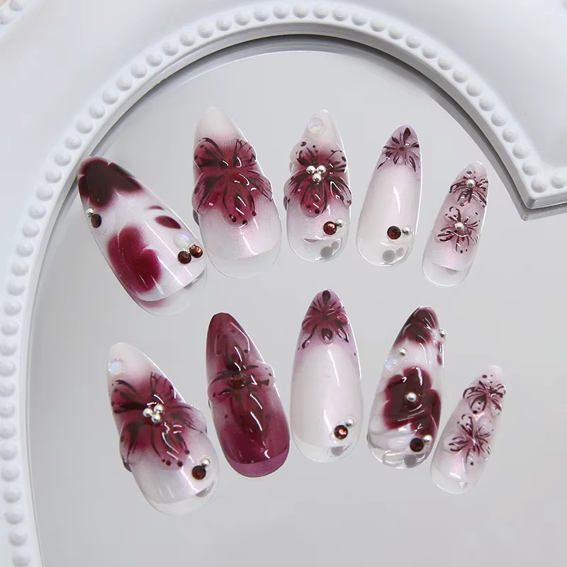 24 pièces fleur impression presse sur ongles vin rouge Blush amande faux ongles conseils portable ré
