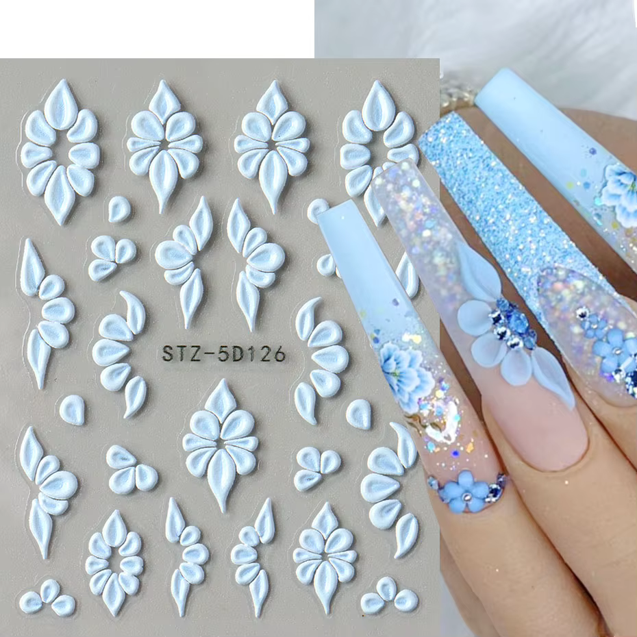 Autocollants pour ongles en forme de fleur en relief 5D, motifs élégants de pétales blancs, roses et