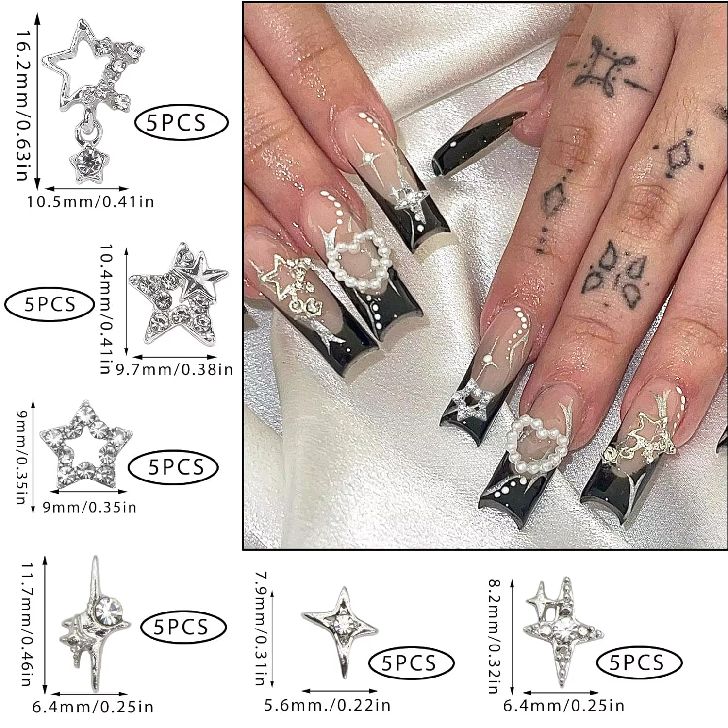 Breloques pour ongles en forme d'étoile argentée, 30 pièces, étoiles 3D brillantes, gemmes pour ongl