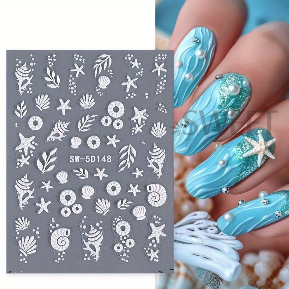 Autocollants pour ongles 5D méduse, plage d'été, coquille blanche, étoile de mer, vis adhésive, curs