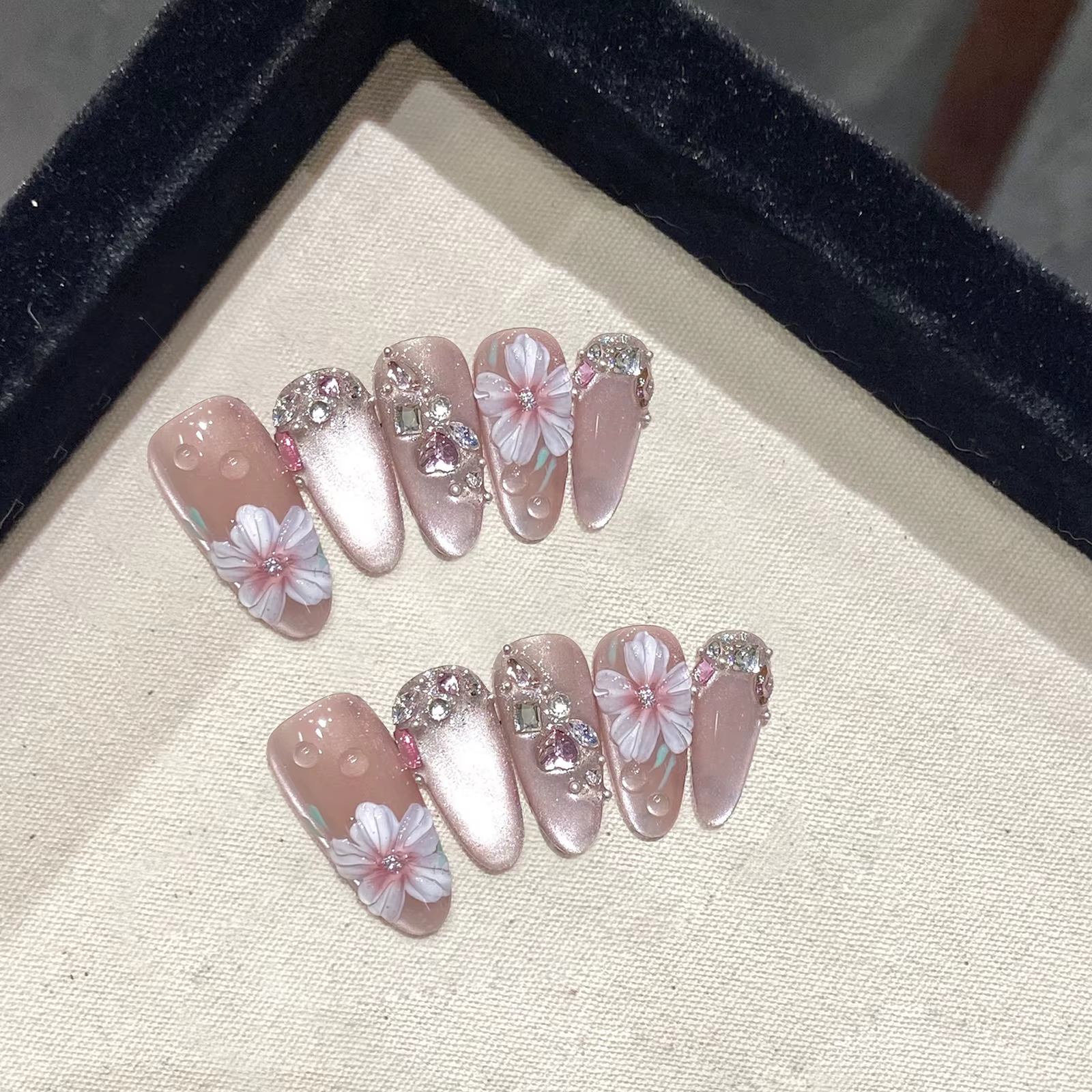 10 pièces français amande presse sur ongles fleur faux ongles portable Stick-on ongles faux ongles U
