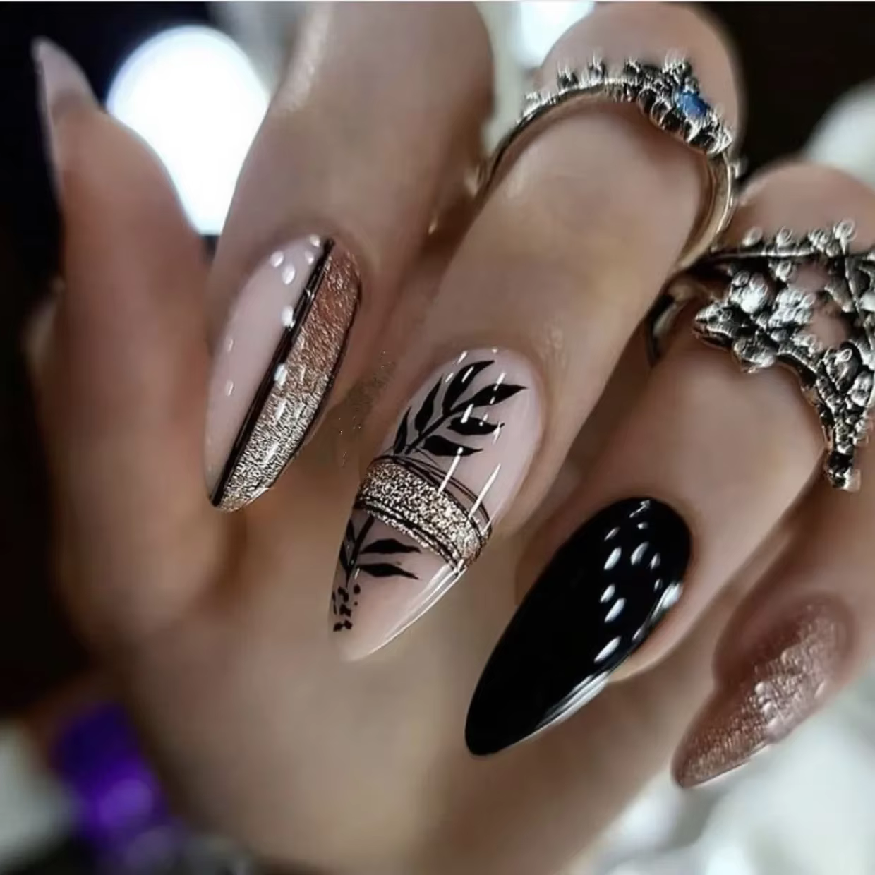 Faux ongles français en amande mate, avec colle, impression de feuilles de Rose, Nail Art, couvertur